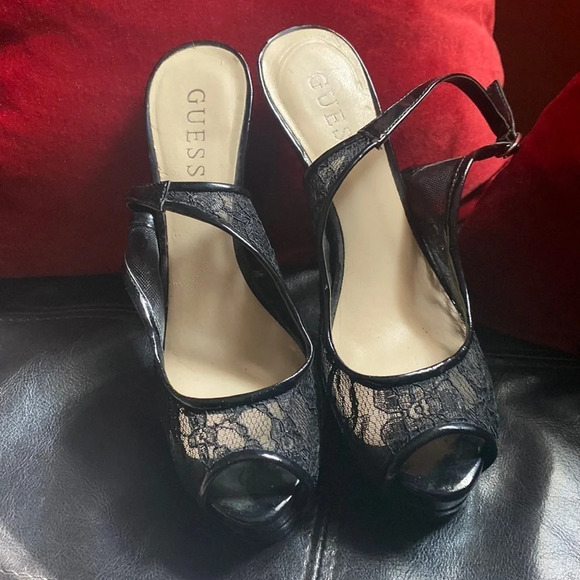 Guess fashion lace sheer black sling back heels 5.5 - Picture 1 of 8